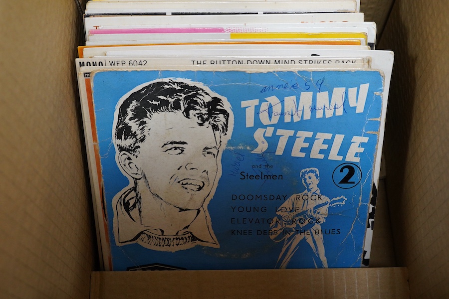 Four boxes of 7 inch singles, labels include; Coral, Parlophone, RCA, HMV, Columbia, etc. artists include; Dolly Parton, Gene Simmons, Alice Cooper, Ultravox, Motorhead, Dr. Feelgood, Buddy Holly, the Crickets, Manfred M